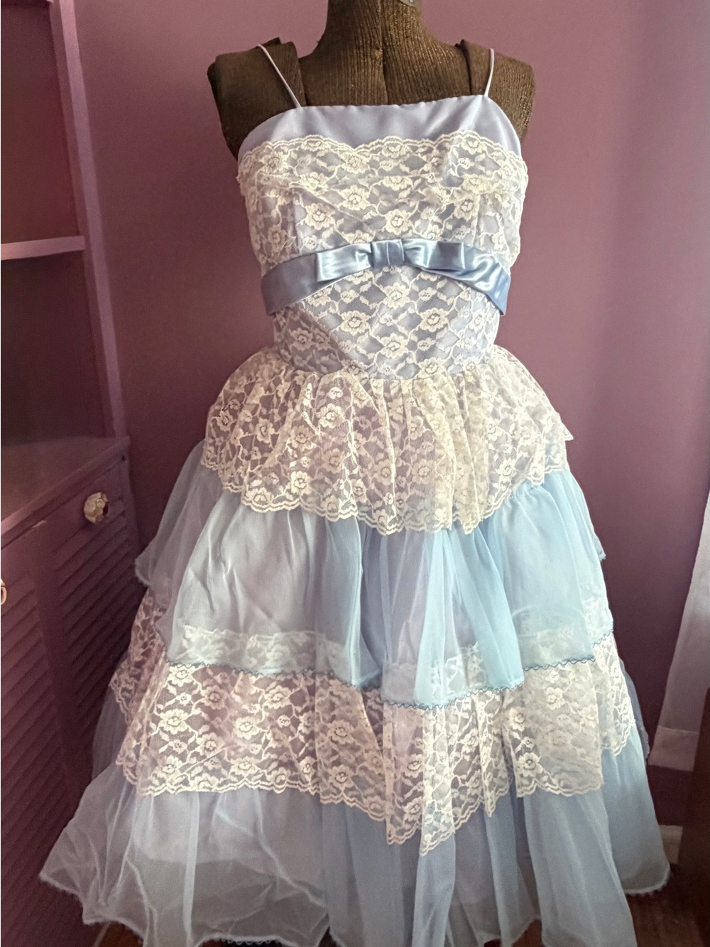 Vintage 80s Baby Blue Ivory Lace Tiered Prom Dress XS S Princess